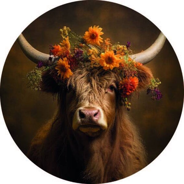 Muurcirkel Hooglander met bloemen 20 cm