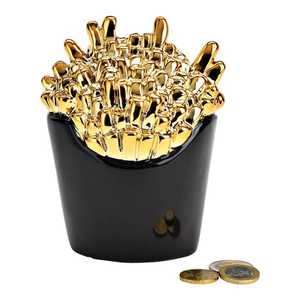 Goud/zwart spaarpot friet