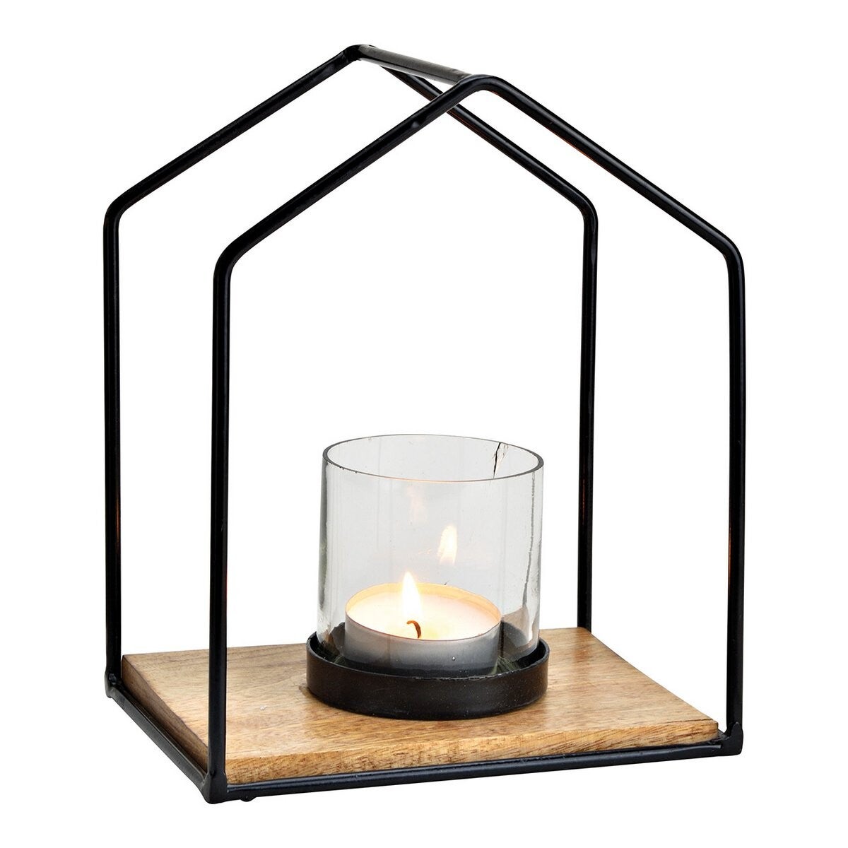 windlicht huis metaal op mangohout 20x25x15cm