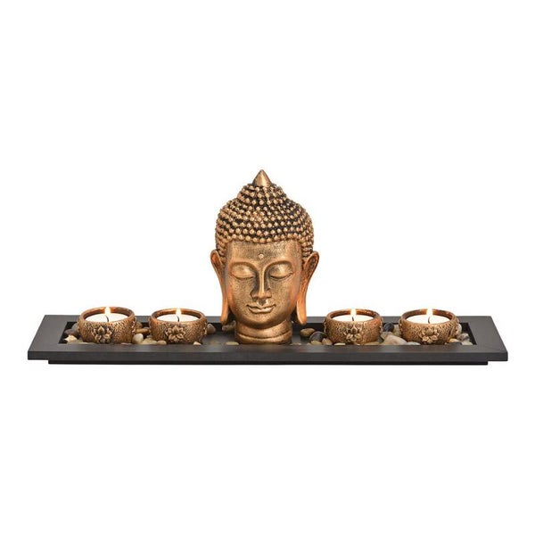 Boeddha met 4 theelichten goud 41x17x11cm