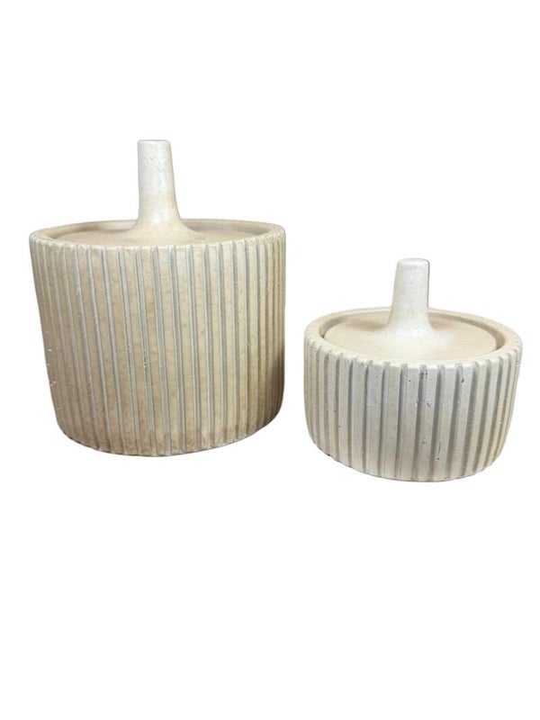 Beige ribbel opbergpot groot 14x14 cm
