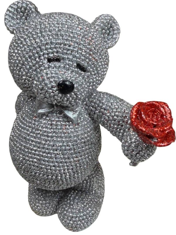 Glitter beer met roos zilver 13cm hoog 10cm breed
