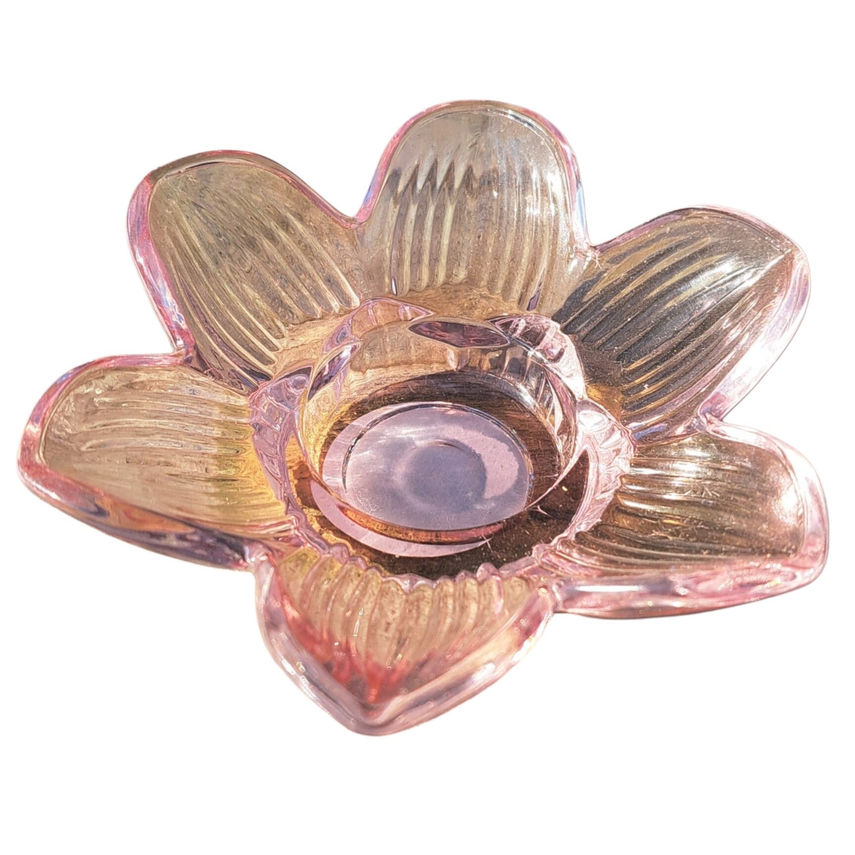 Bloemen waxinelichthouder roze glas 12cm breed