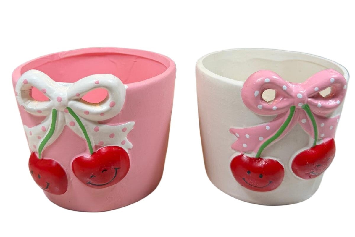 Witte bloempot met kers 9cm H 10cm B