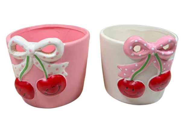 Roze bloempot met kers 9cm H 10cm B