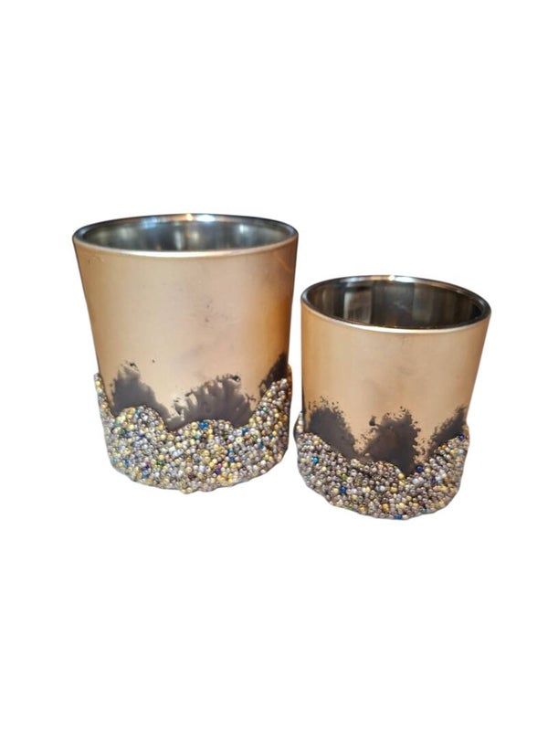 Set Gouden kraal windlichten 10x9cm en 8x7cm