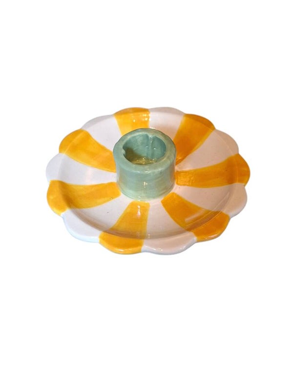 Rond gestreept geel/oranje kandelaar 12x4.5cm