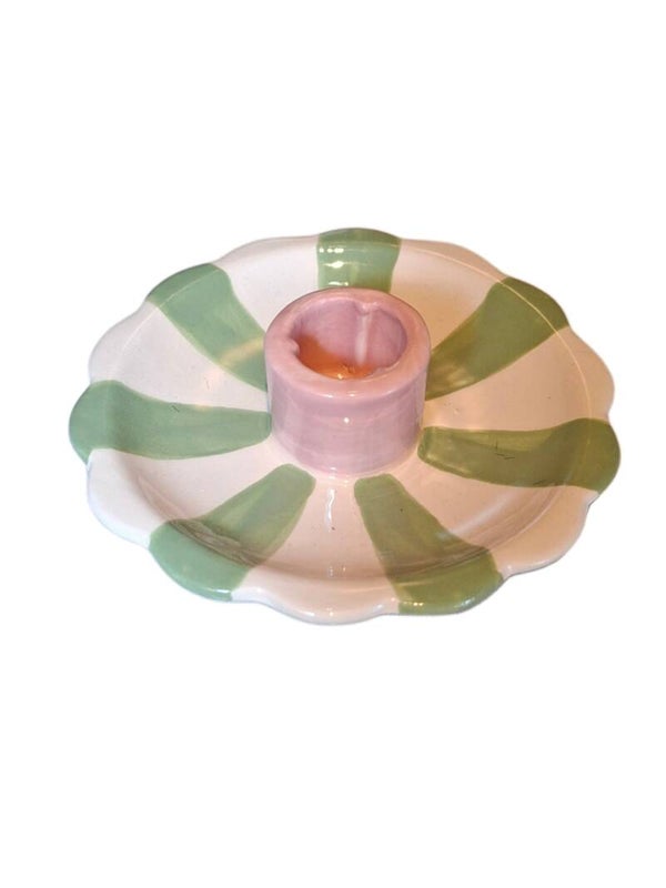 Rond gestreept groen kandelaar 12x4.5cm