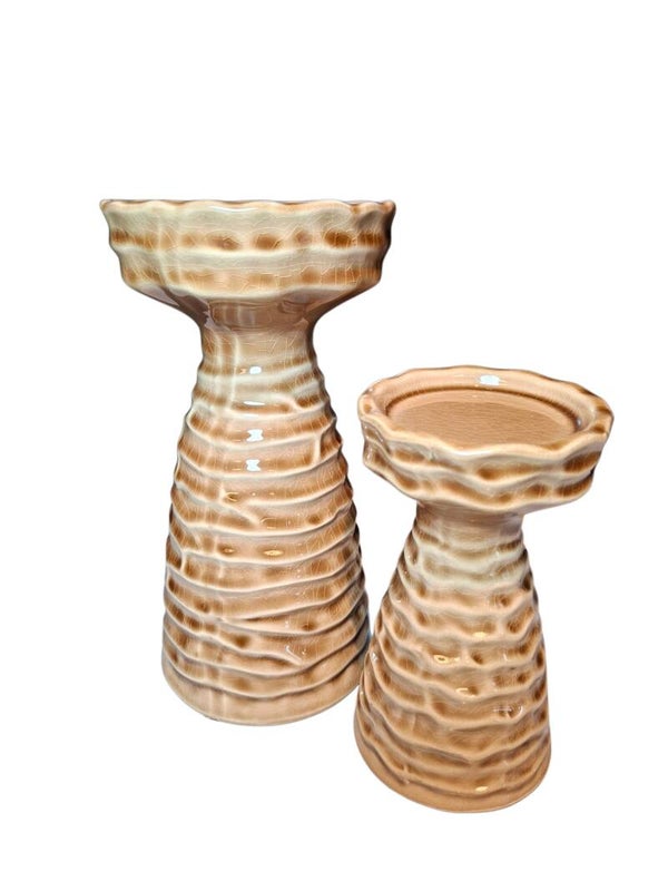 Candle holder ceramic licht bruin set van 2  12x12x23cm 9x9x16cm