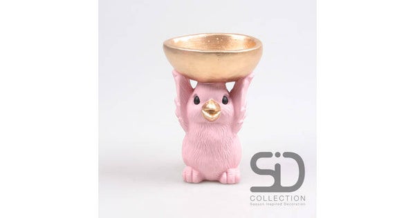 Vogel met schaal cement 14x9.5x14 cm roze