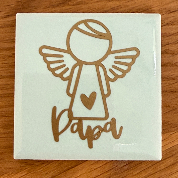 Tegel 'engeltje' papa, licht blauw met goud, 4,5x4,5 cm
