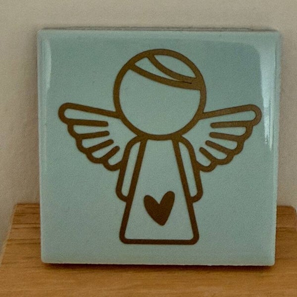 Tegel 'engeltje' turquoise met goud, 4,5x4,5 cm