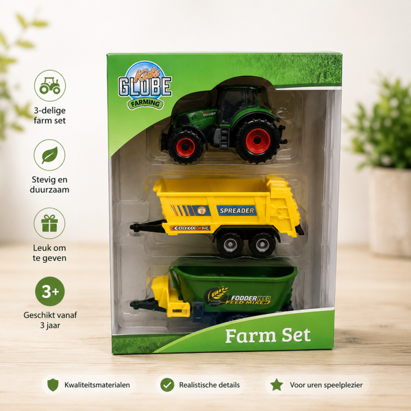 Kids Globe Farming 3-delige Farm Set – Tractor met Mestverspreider & Voerwagen | Speelgoed vanaf 3 jaar