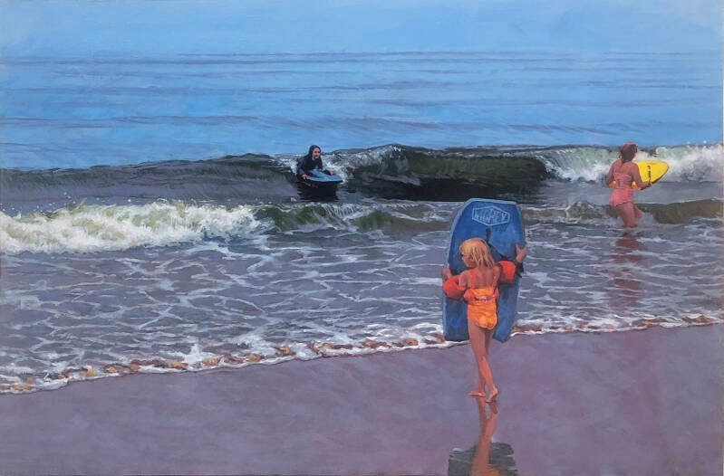 Three Children Boarding-Oil On Hardboard-NFS