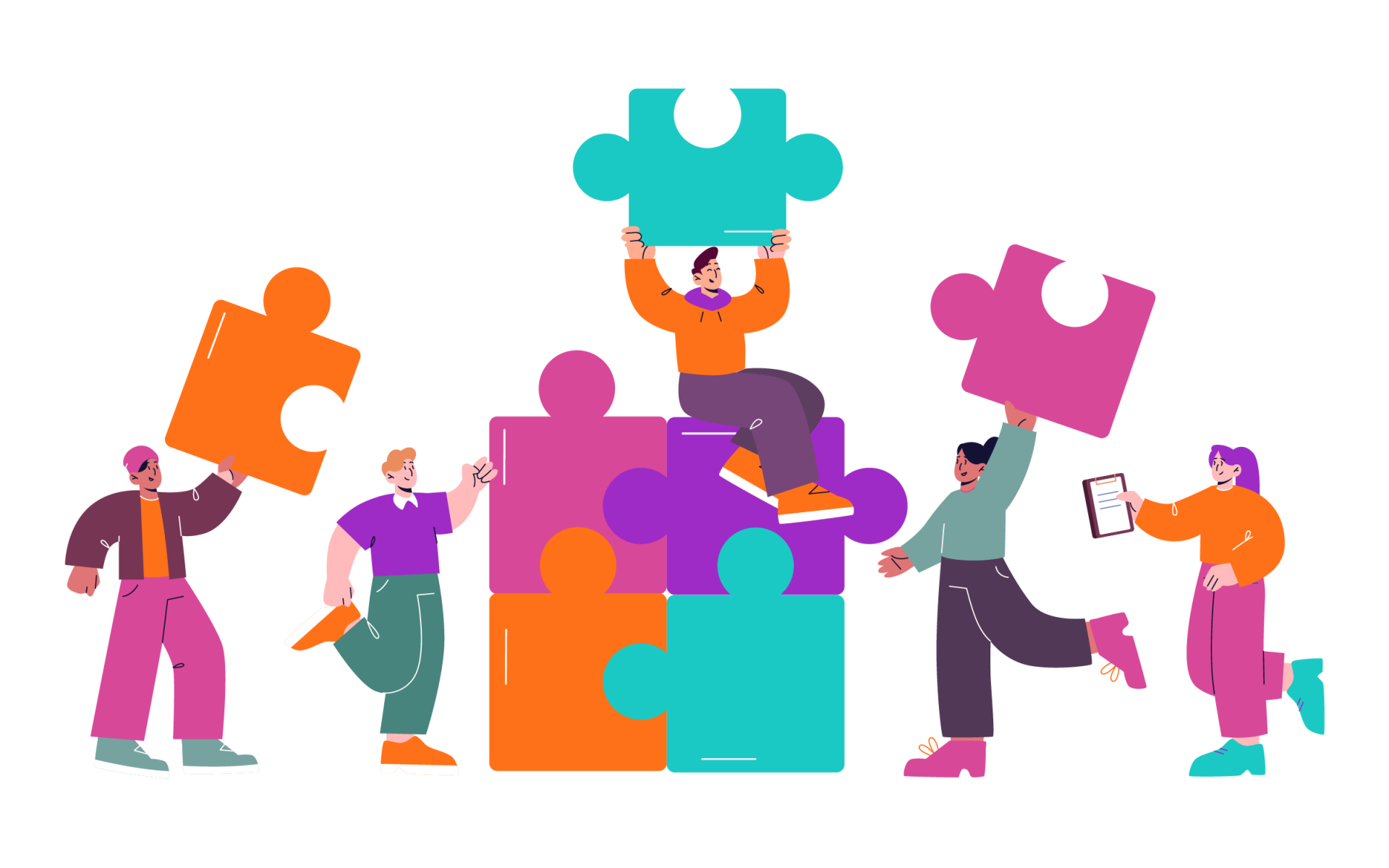 Équipe construisant un puzzle géant — formation par la pédagogie active et expérientielle pour développer l'intelligence relationnelle.