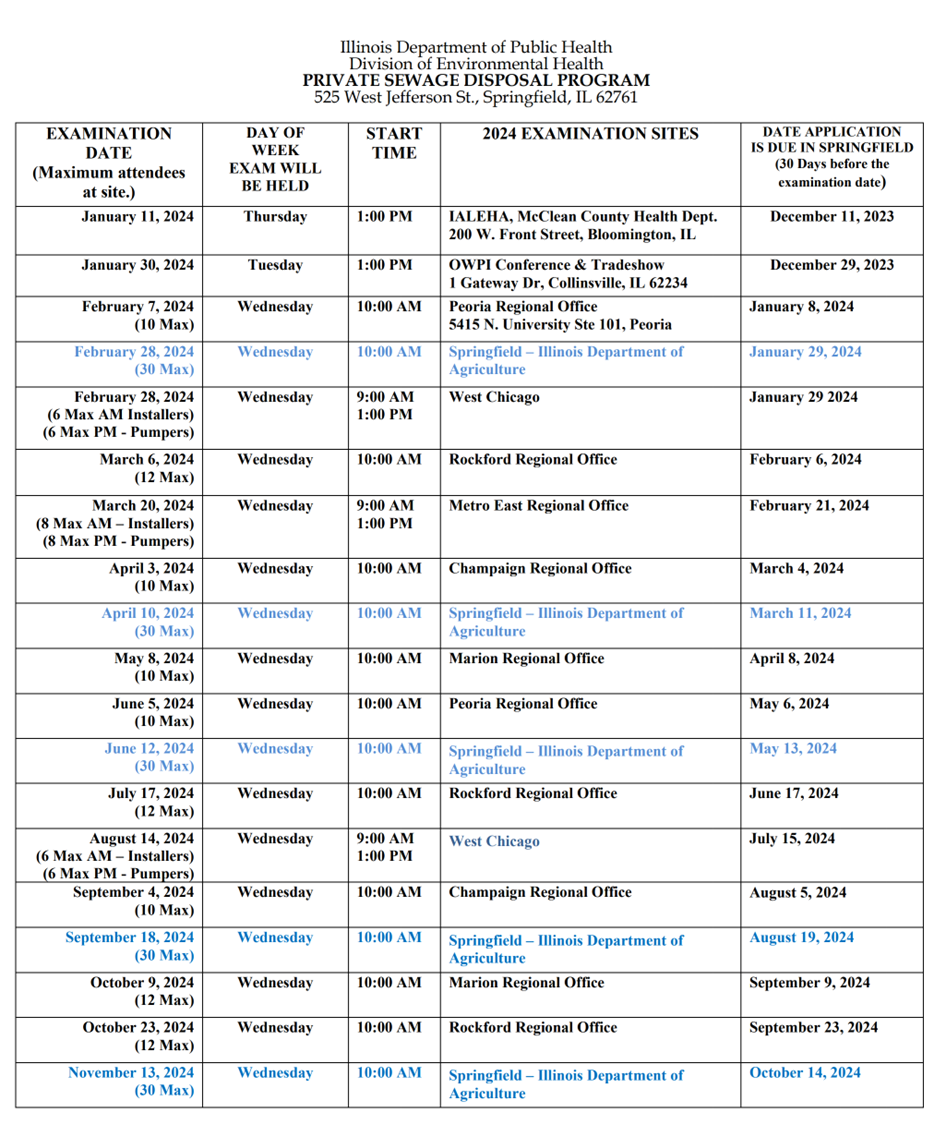 IDPH Installer & Pumper Exam Application & Test Dates & Locations ...