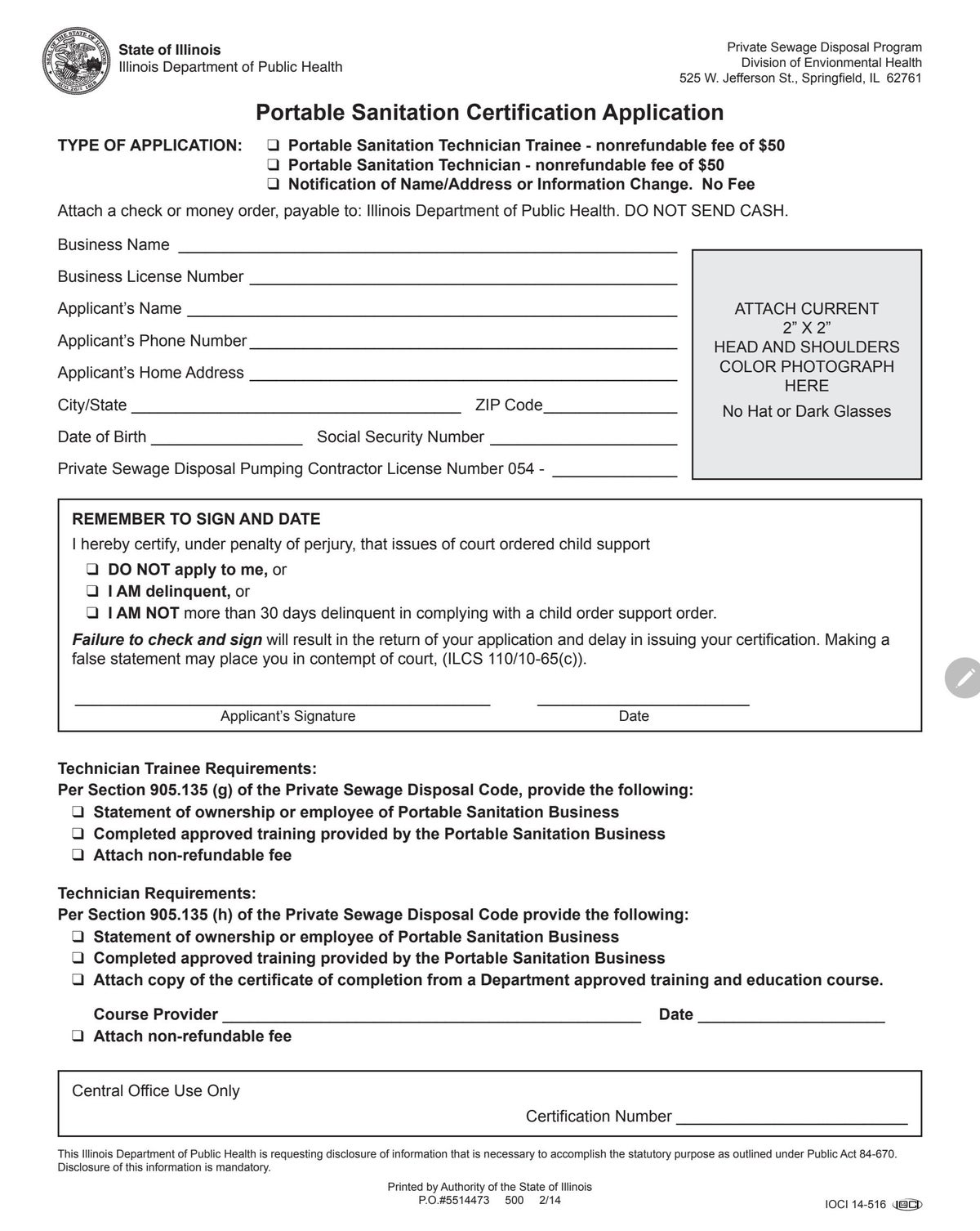 IDPH Portable Sanitation Technician and Trainee Application ...