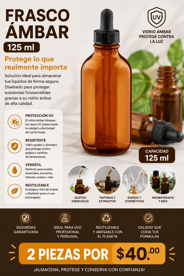 FRASCO AMBAR 125ML CON GOTERO O TAPA PQ. 2 Piezas