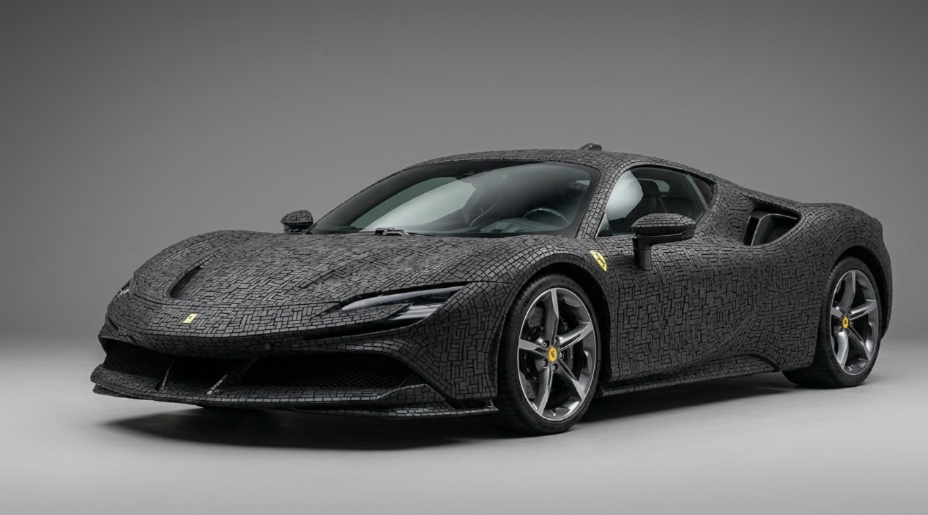 Ferrari gemaakt van celrubberstroken (gemaakt voor reclame)