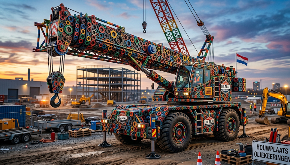 Hijskraan gemaakt van oliekeerringen (gemaakt voor reclame)