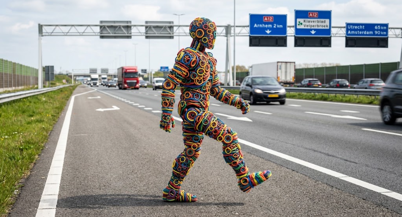 Robot loopt op de A12 gemaakt van verschillende kleuren o-ringen