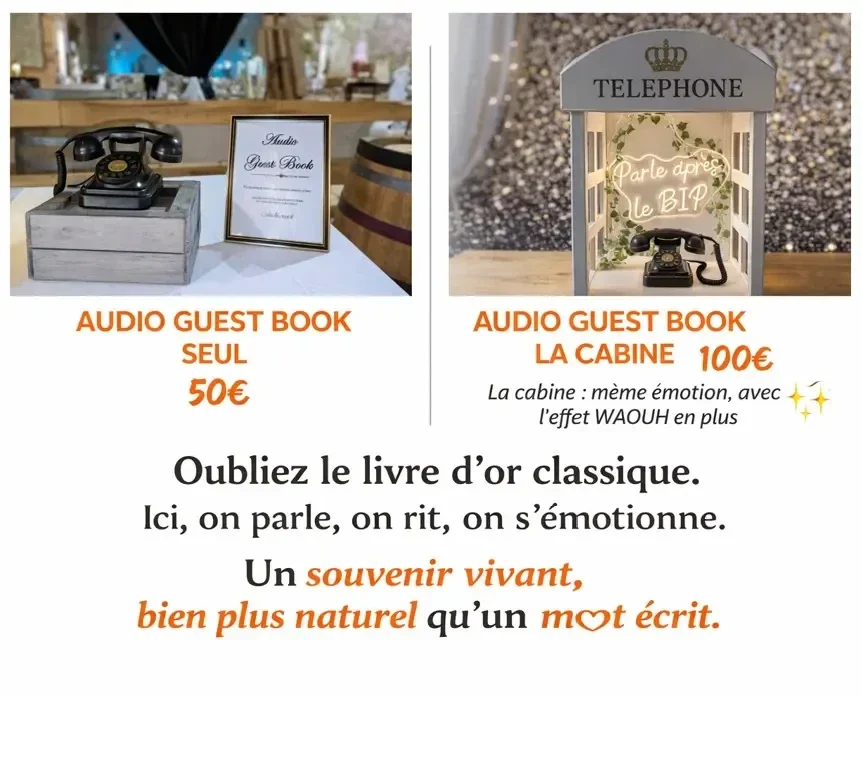 Livre d’or audio vintage avec téléphone rétro et cabine Photobooth54 pour mariage à Nancy, Metz et Pont-à-Mousson