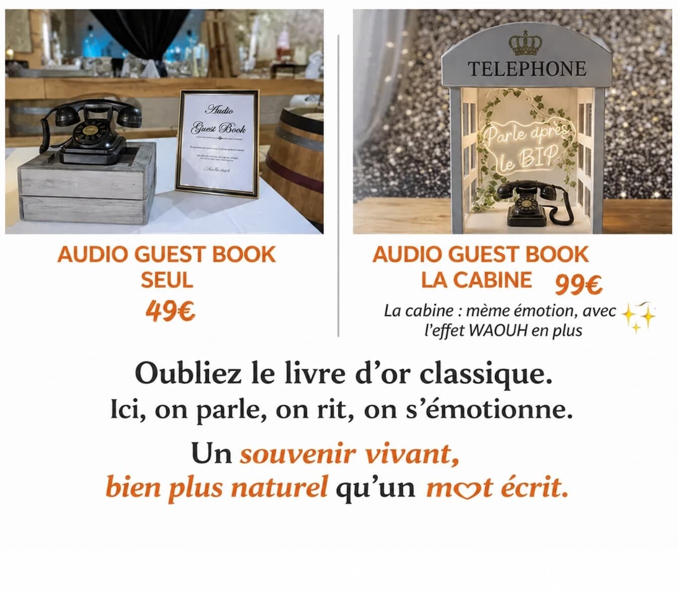 Livre d’or audio vintage avec téléphone rétro et cabine Photobooth54 pour mariage à Nancy, Metz et Pont-à-Mousson