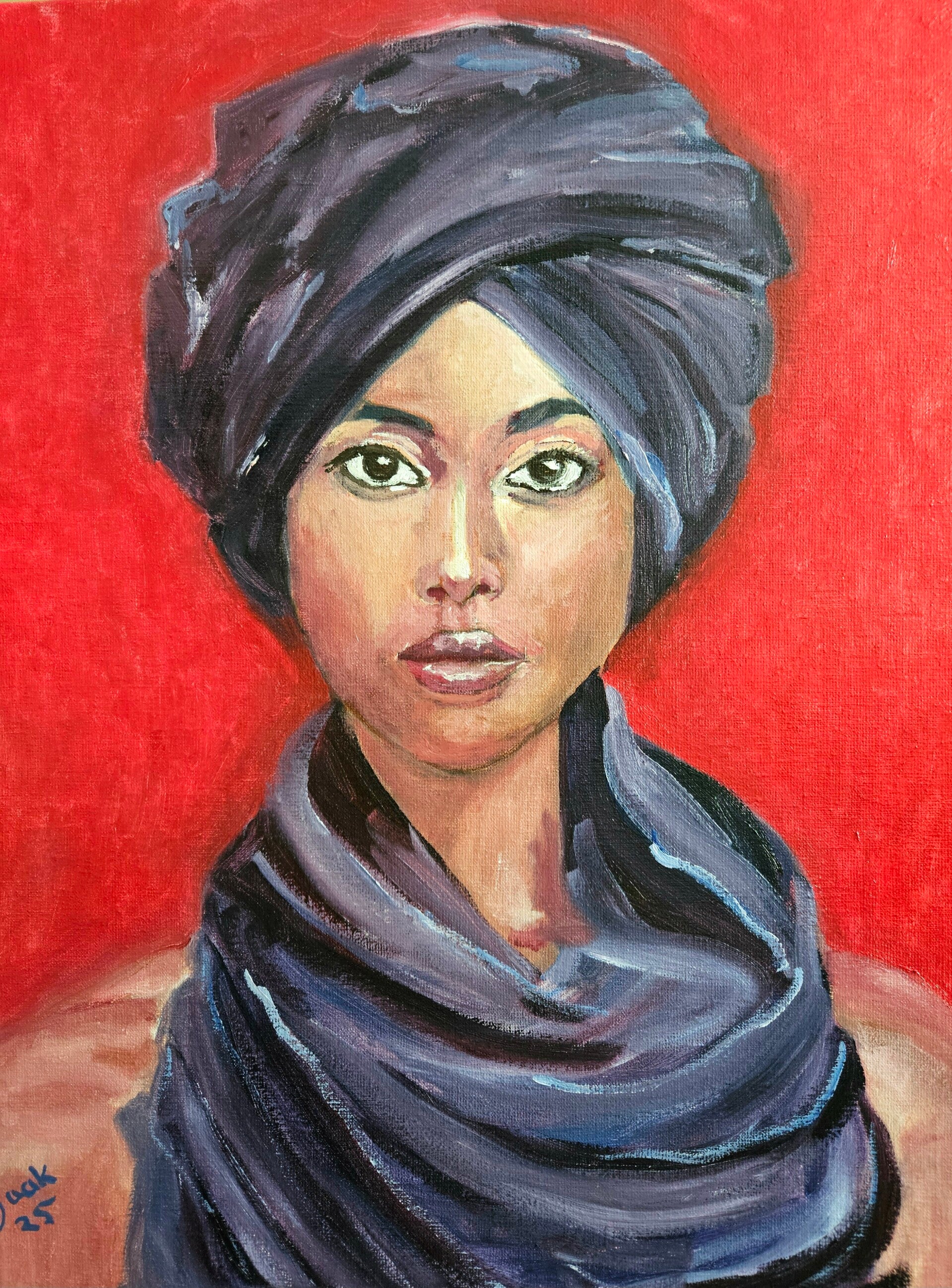Vrouw met paarse tulband en doek