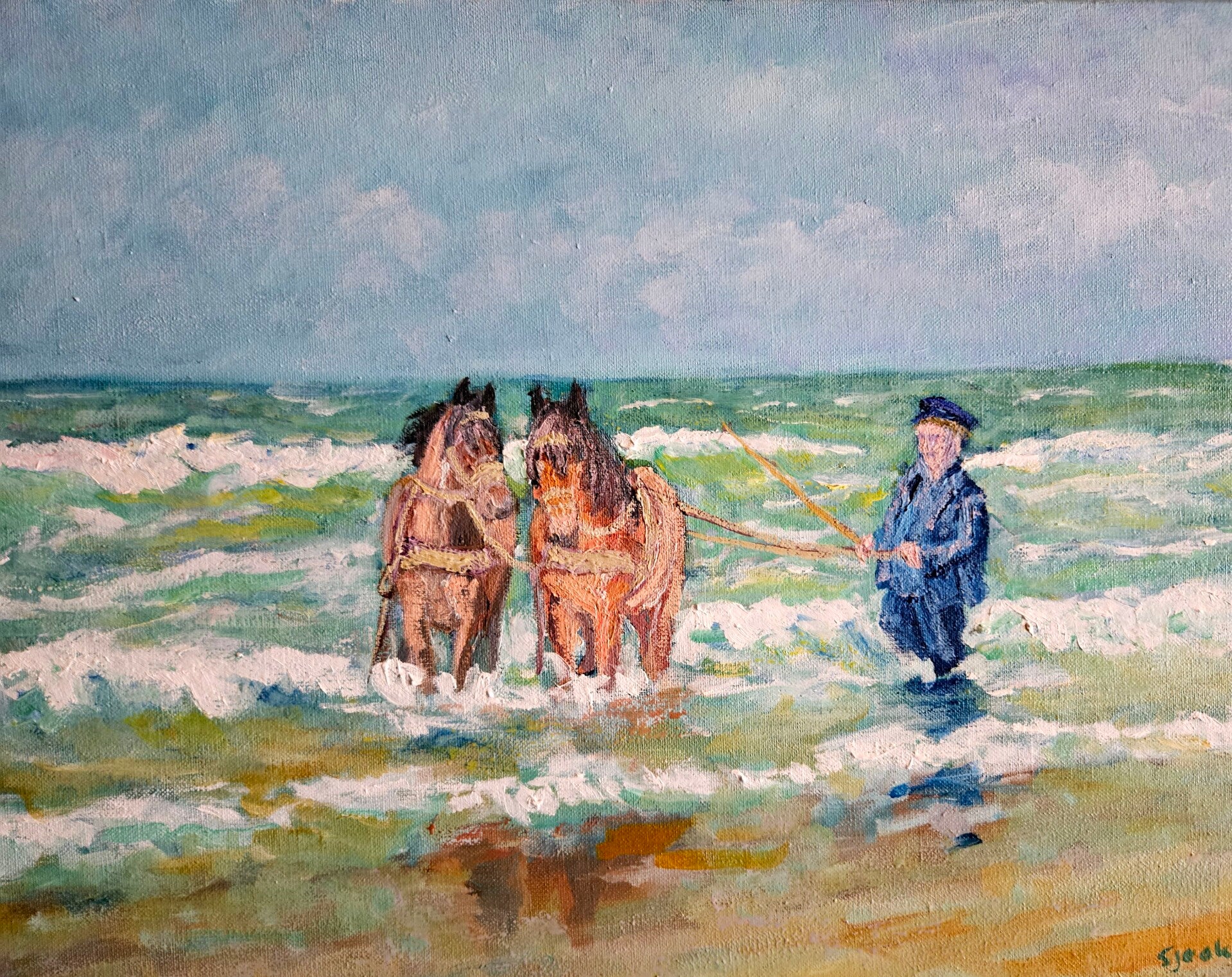 Boer met werkpaarden in zee