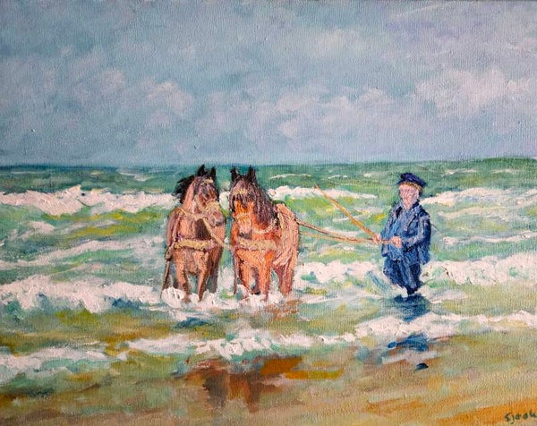 Boer met werkpaarden in zee