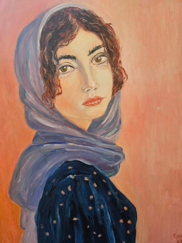 Jonge vrouw met blauwe hoofddoek