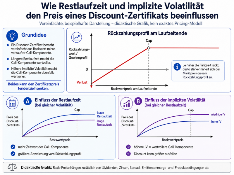 Einfluss von Restlaufzeit und impliziter Volatilität auf den Preis eines Discount-Zertifikats und Annäherung an das Rückzahlungsprofil am Cap