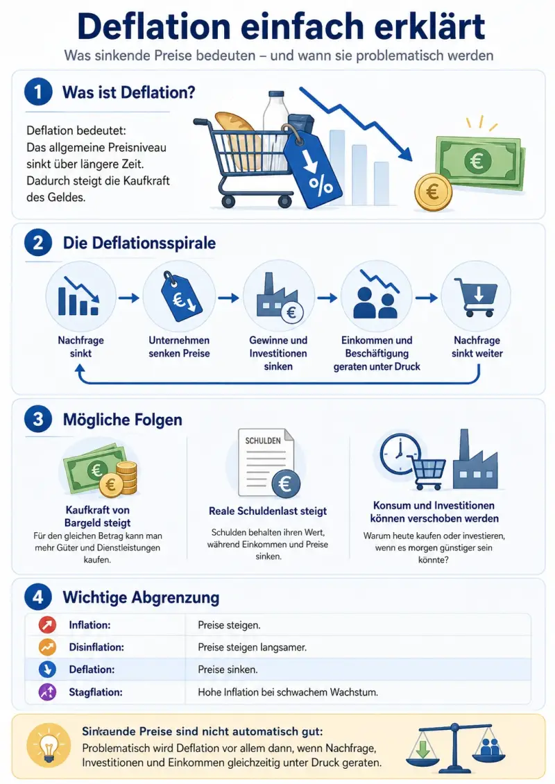 Infografik -Abbildung zur Deflation Unterschiede zwischen Inflation, Disinflation, Deflation und Stagflation sowie Folgen einer Deflationsspirale einfach erklärt