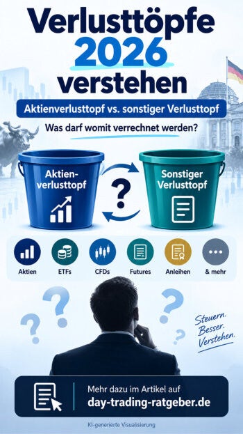 Infografik Abbildung zur Verlustverrechnung 2026 in Deutschland mit Aktienverlusttopf, Verlusttopf Sonstiges und Übersicht zur Verrechnung von Aktien-, ETF-, CFD-, Futures-, Options-, Anleihe- und Zertifikateverlusten