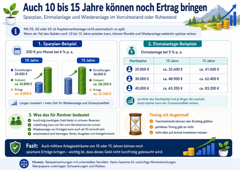 Infografik und Abbildung mit Beispielrechnungen zu Sparplan und Einmalanlage über 10 und 15 Jahre, um Renditechancen im Vorruhestand oder Ruhestand zu veranschaulichen.