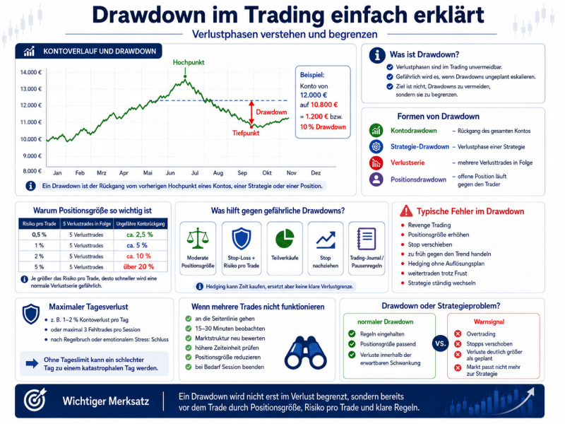 Infografik und Abbildung zu Drawdown im Trading mit Kontoverlauf, Hochpunkt, Tiefpunkt, Drawdown-Beispiel, Positionsgröße, Tagesverlustlimit und typischen Fehlern in Verlustphasen.(1)