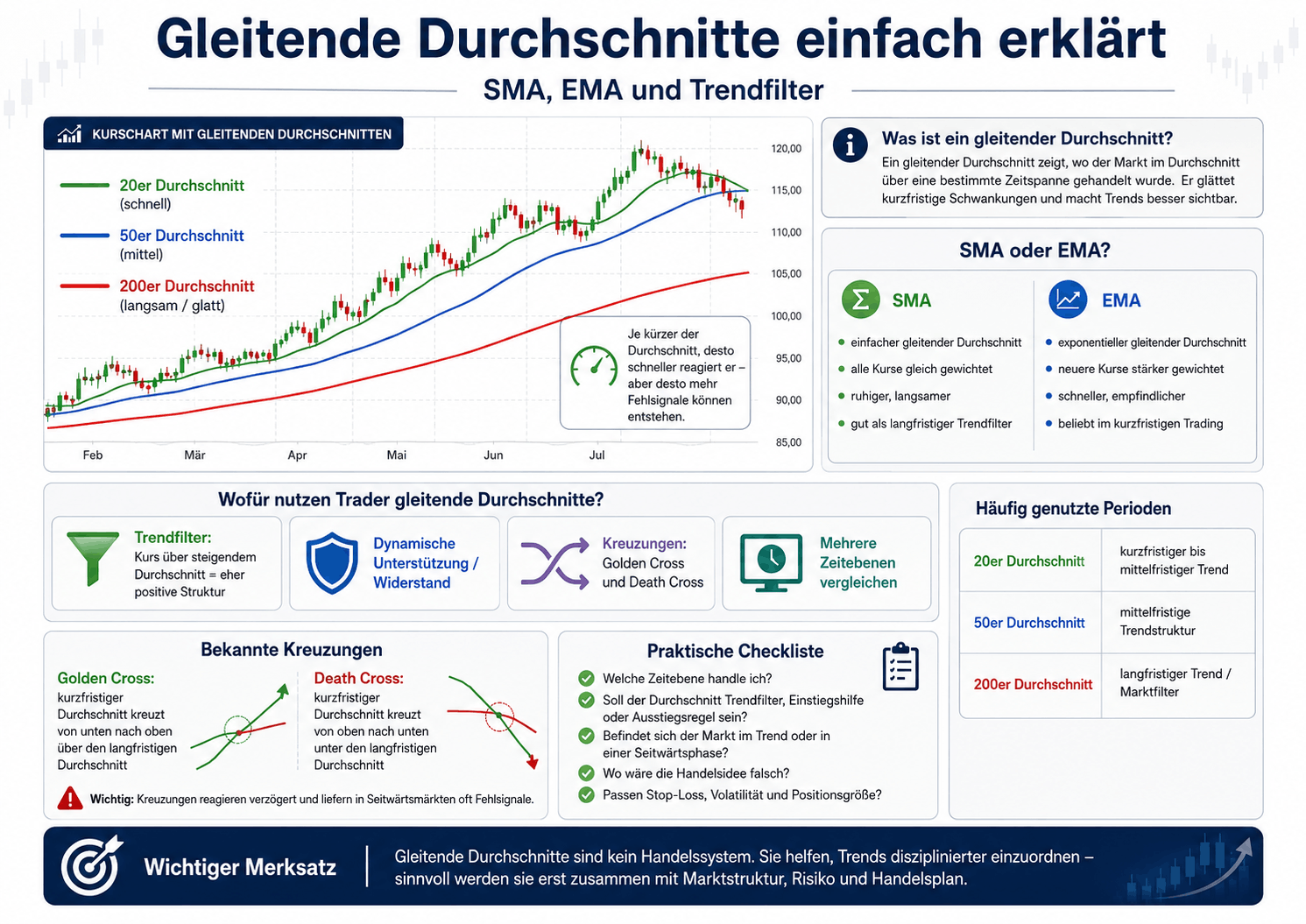 Infografik - Abbildung und Schaubild zu gleitenden Durchschnitten im Trading mit SMA, EMA, 20er-, 50er- und 200er-Durchschnitt, Trendfilter, Golden Cross, Death Cross und praktischer Checkliste.
