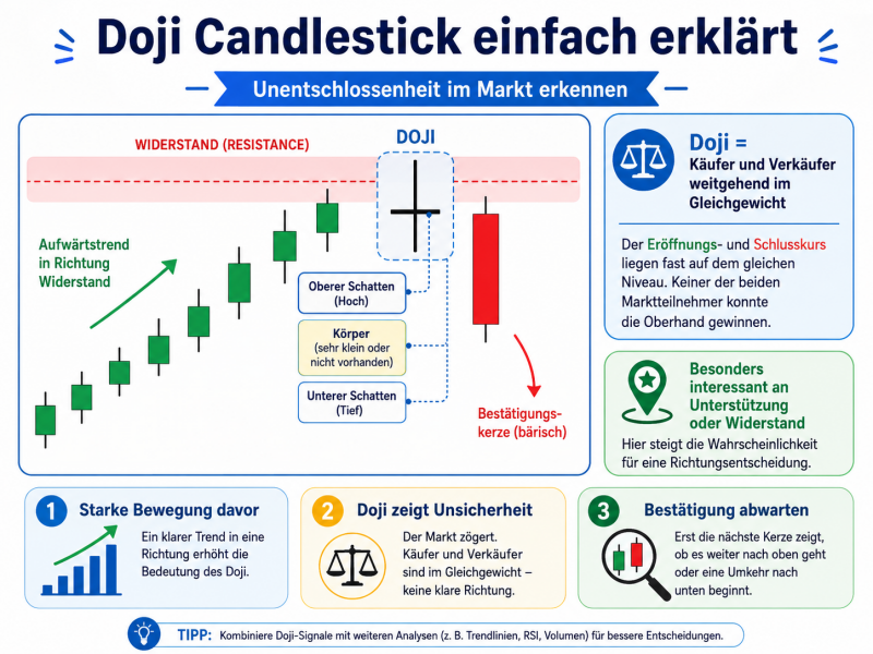 Infografik und Abbildung zum Doji-Candlestick Ein schematischer Chart zeigt einen Aufwärtstrend in Richtung Widerstand, eine Doji-Kerze im Widerstandsbereich und eine nachfolgende bärische Bestätigungs-Kerze
