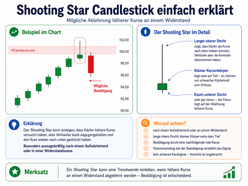 Infografik und Abbildung zum Shooting-Star-Candlestick Ein schematischer Chart zeigt einen Aufwärtstrend, eine Shooting-Star-Kerze an einer Widerstandszone und eine bärische Bestätigungskerze_Candle_Stick