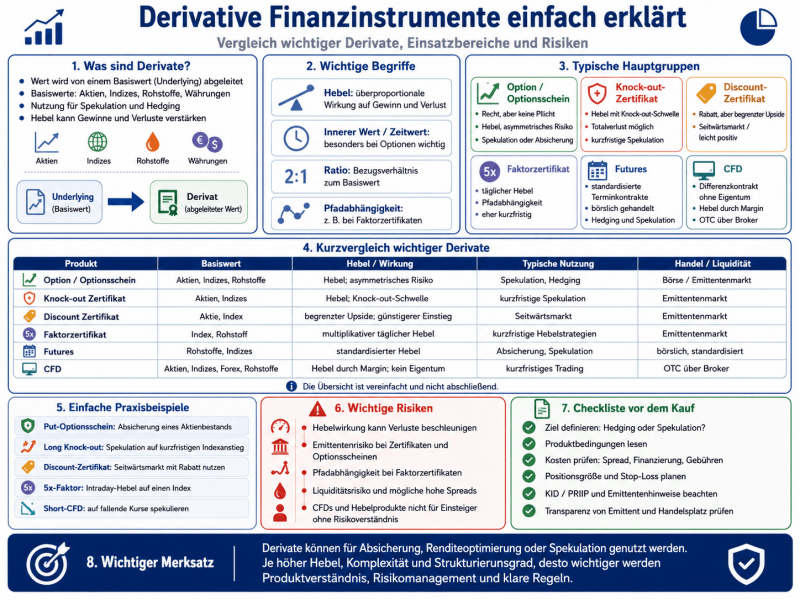 Infografik und Abbildung zu derivativen Finanzinstrumenten mit Vergleich von Optionen, Optionsscheinen, Knock-out-Zertifikaten, Discount-Zertifikaten, Faktorzertifikaten, Futures und CFDs. Contract for Difference
