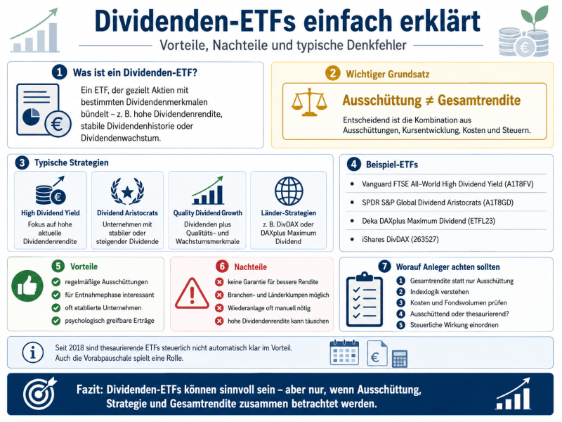 Infografik zu Dividenden-ETFs mit Vorteilen, Nachteilen, typischen Strategien wie High Dividend Yield, Dividend Aristocrats und Quality Dividend Growth sowie Beispiel-ETFs wie Vanguard FTSE All-World High Dividend Yield,