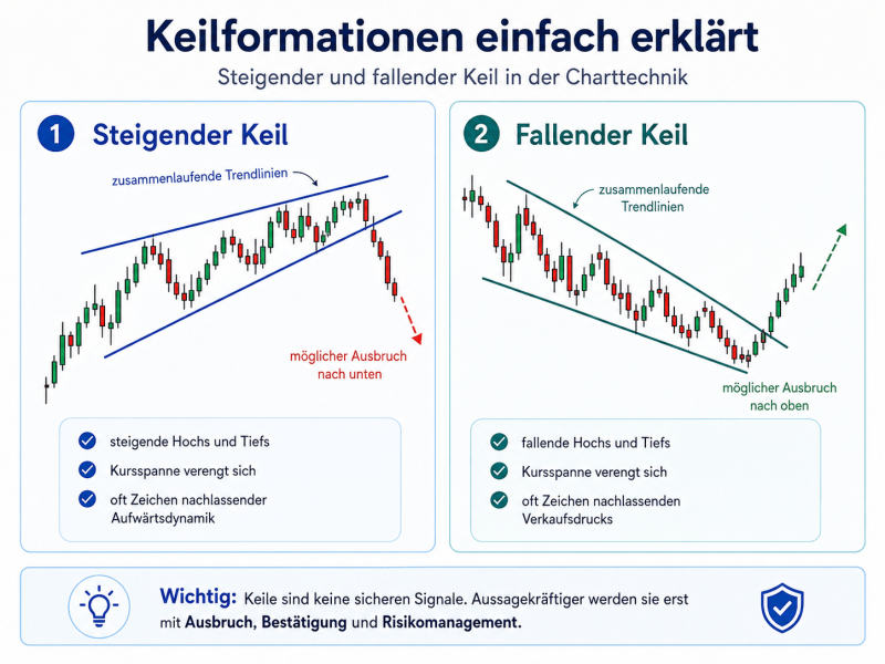 Infografik zu Keilformationen in der Charttechnik Zwei schematische Candlestick-Charts zeigen einen steigenden Keil mit möglichem Ausbruch nach unten und einen fallenden Keil mit möglichem Ausbruch nach oben