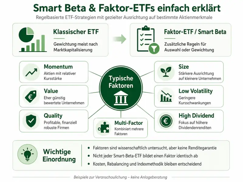 Infografik zu Smart Beta und Faktor-ETFs mit Momentum, Value, Quality, Size, Low Volatility und High Dividend sowie Multi-Factor-Strategien-1