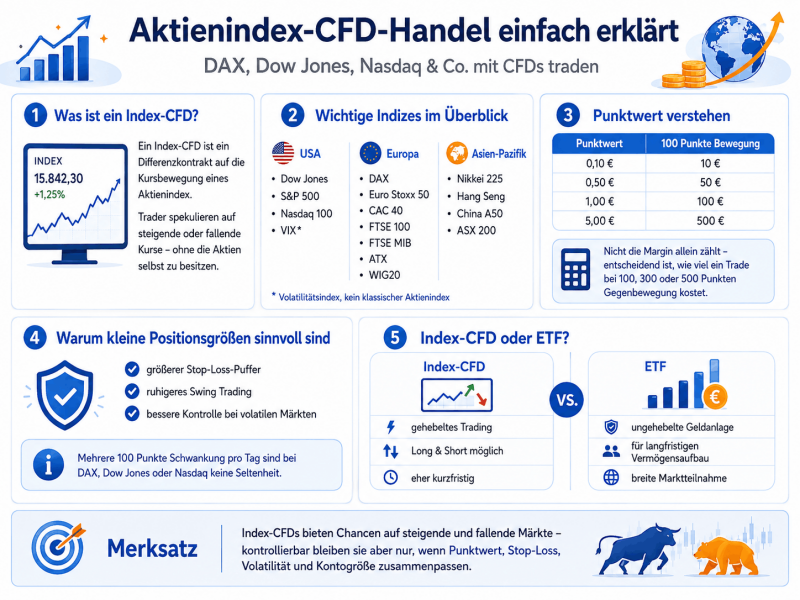 Infografik zum Aktienindex-CFD-Handel mit DAX, Dow Jones, Nasdaq 100, S&P 500, VIX, europäischen und asiatischen Indizes, Punktwert, Positionsgröße, ETF-Vergleich und Risikomanagement.