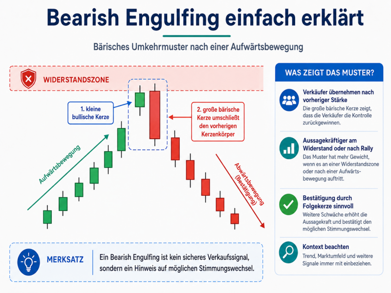 Infografik zum Bearish-Engulfing-Candlestick Ein schematischer Chart zeigt eine Aufwärtsbewegung, eine kleine bullische Kerze, danach eine große bärische Kerze, die den vorherigen Kerzenkörper vollständig umschließt, so