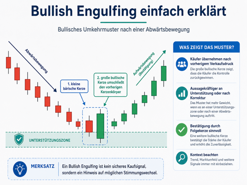 Infografik und Abbildung zum Bullish-Engulfing-Candlestick Ein schematischer Chart zeigt eine Abwärtsbewegung, eine kleine bärische Kerze, danach eine große bullische Kerze, die den vorherigen Kerzenkörper vollständig umschließt, sow