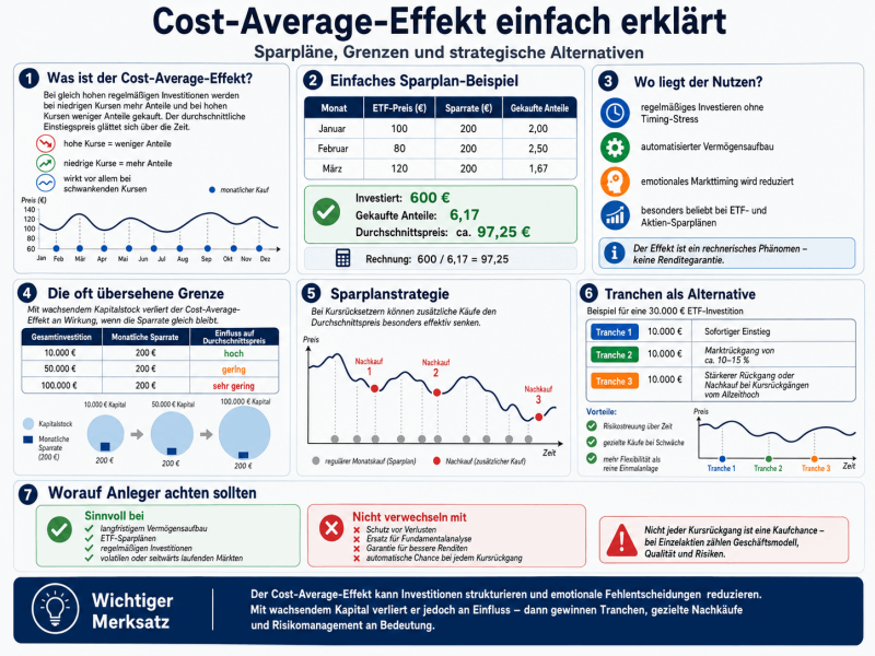Infografik und Abbildung zum Cost-Average-Effekt und Durchschnittskosten-Effekt mit Sparplan-Beispiel, Durchschnittspreis, Grenzen bei wachsendem Kapitalstock und Tranchenstrategie als Alternative.