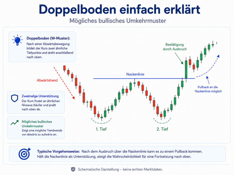 Infografik zum Doppelboden Ein schematischer Candlestick-Chart zeigt zwei Tiefpunkte auf ähnlichem Niveau, eine Nackenlinie am Zwischenhoch, den Ausbruch über die Nackenlinie und eine mögliche Fortsetzung nach oben