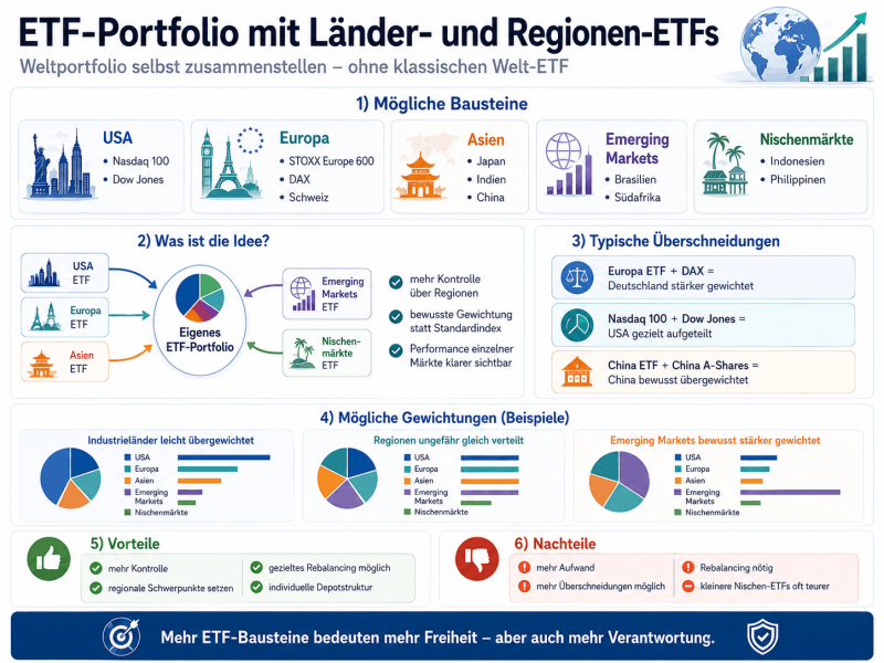 ETF-Portfolio mit Länder- und Regionen-ETFs auf USA, Europa, Asien, Emerging Markets und Nischenmärkte. Grafik zeigt ETF-Bausteine wie Nasdaq 100, Dow Jones, DAX, STOXX Europe 600, Japan Indien, China, Brasilien, Südafrika, Indonesien und Philippinen