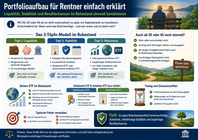 Infografik zum Portfolioaufbau für Rentner mit 3-Töpfe-Modell Liquidität, Stabilität und Wachstum im Ruhestand sinnvoll kombinieren.